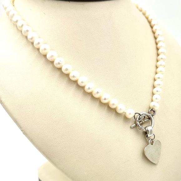 Genuine Pearl Necklace Sterling Silver Heart Pendant Toggle Clasp - Picture 6 of 11